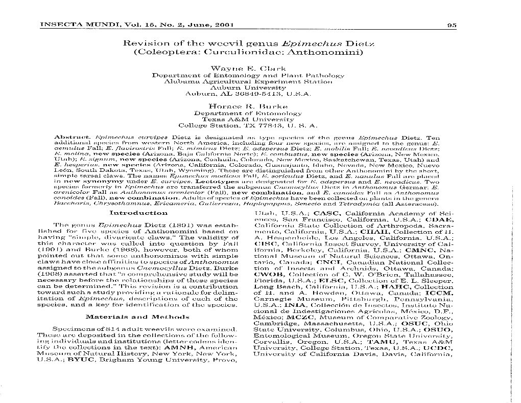 Revision of the Weevil Genus Epimechus Dietz (Coleoptera: Curculionidae: Anthonomini)