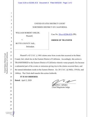 UNITED STATES DISTRICT COURT 5 NORTHERN DISTRICT of CALIFORNIA 6 WILLIAM ROBERT OMLER, 7 Case No