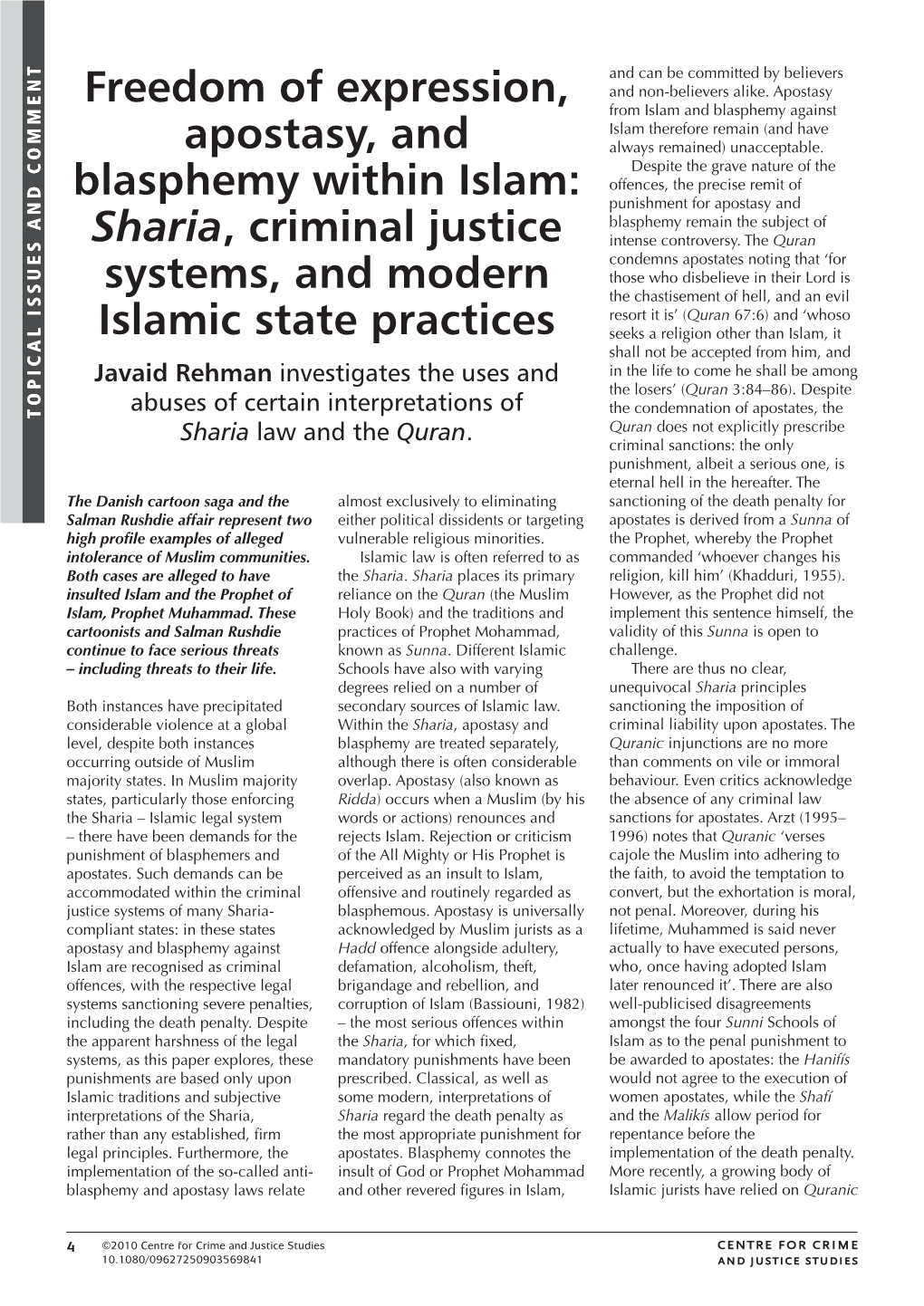 Freedom of Expression, Apostasy, and Blasphemy Within Islam: Sharia