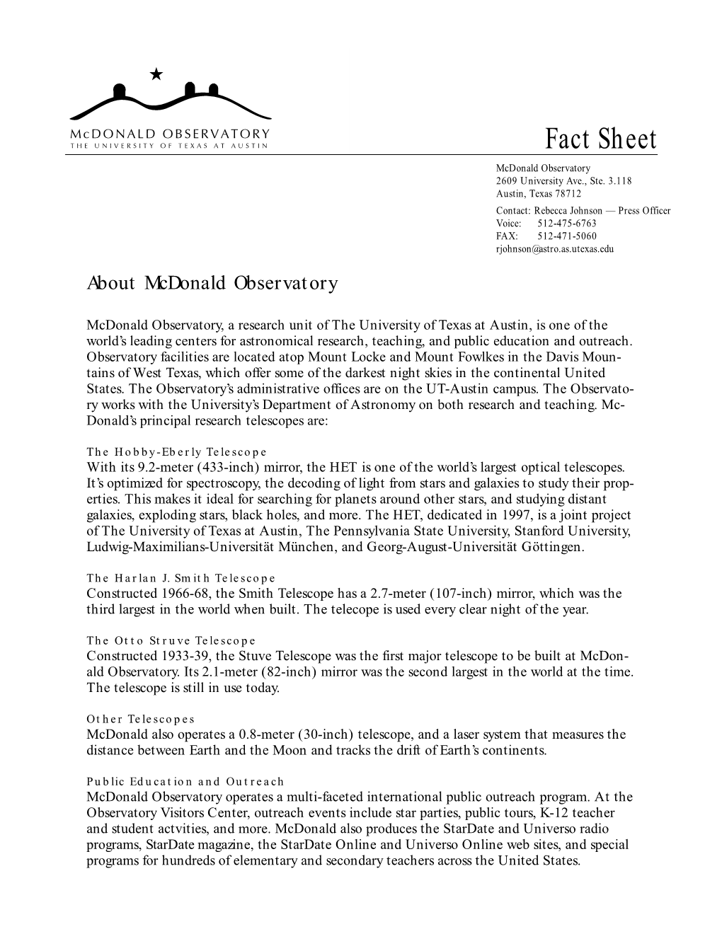 Fact Sheet Mcdonald Observatory 2609 University Ave., Ste