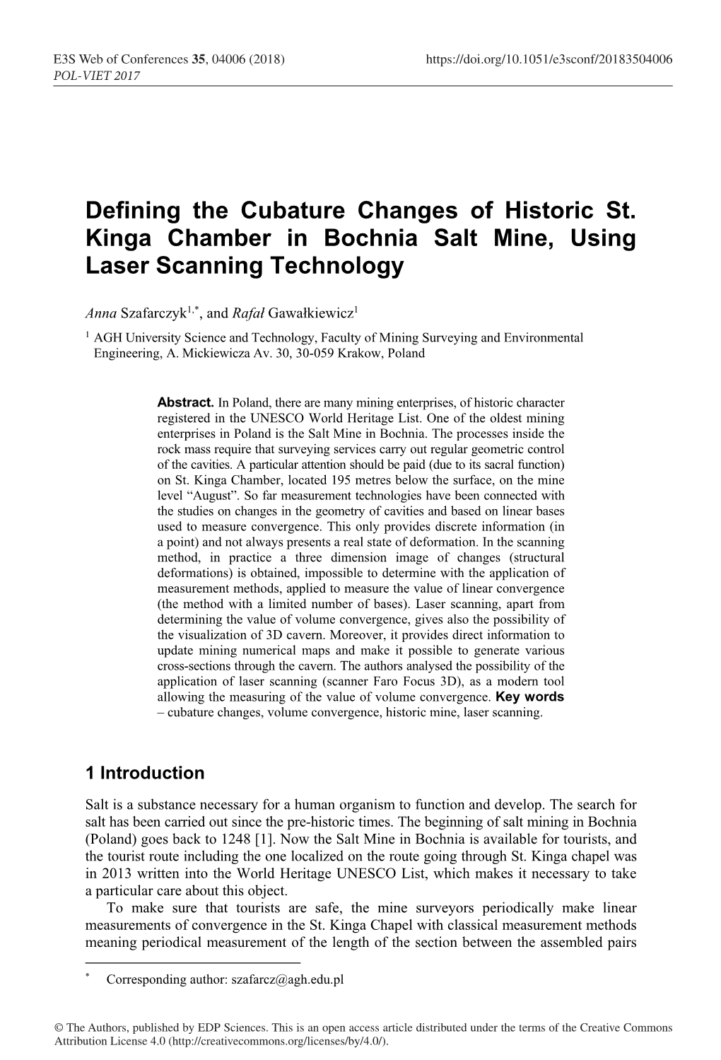 Defining the Cubature Changes of Historic St. Kinga Chamber in Bochnia Salt Mine, Using Laser Scanning Technology