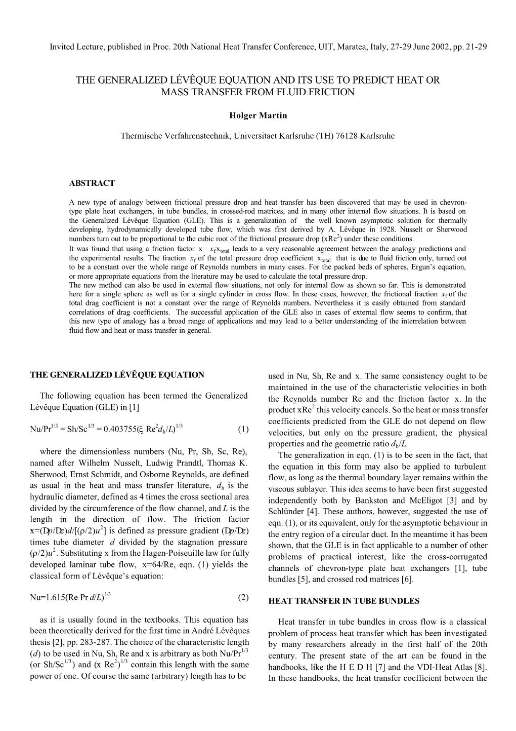 The Generalized Lévêque Equation and Its Use to Predict Heat Or Mass Transfer from Fluid Friction