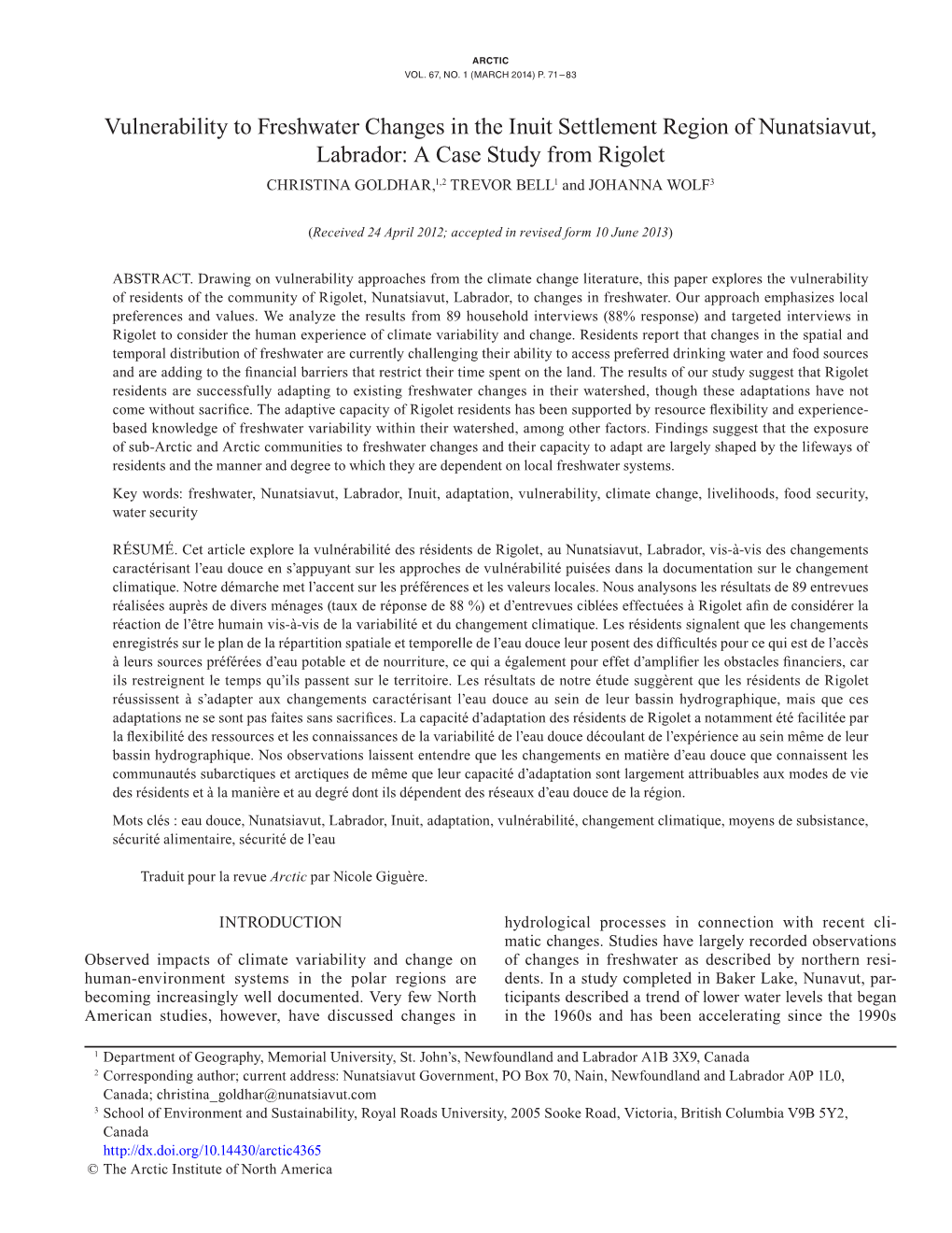 Vulnerability to Freshwater Changes in the Inuit Settlement Region of Nunatsiavut, Labrador: a Case Study from Rigolet