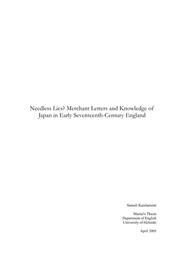 Needless Lies? Merchant Letters and Knowledge of Japan in Early Seventeenth-Century England