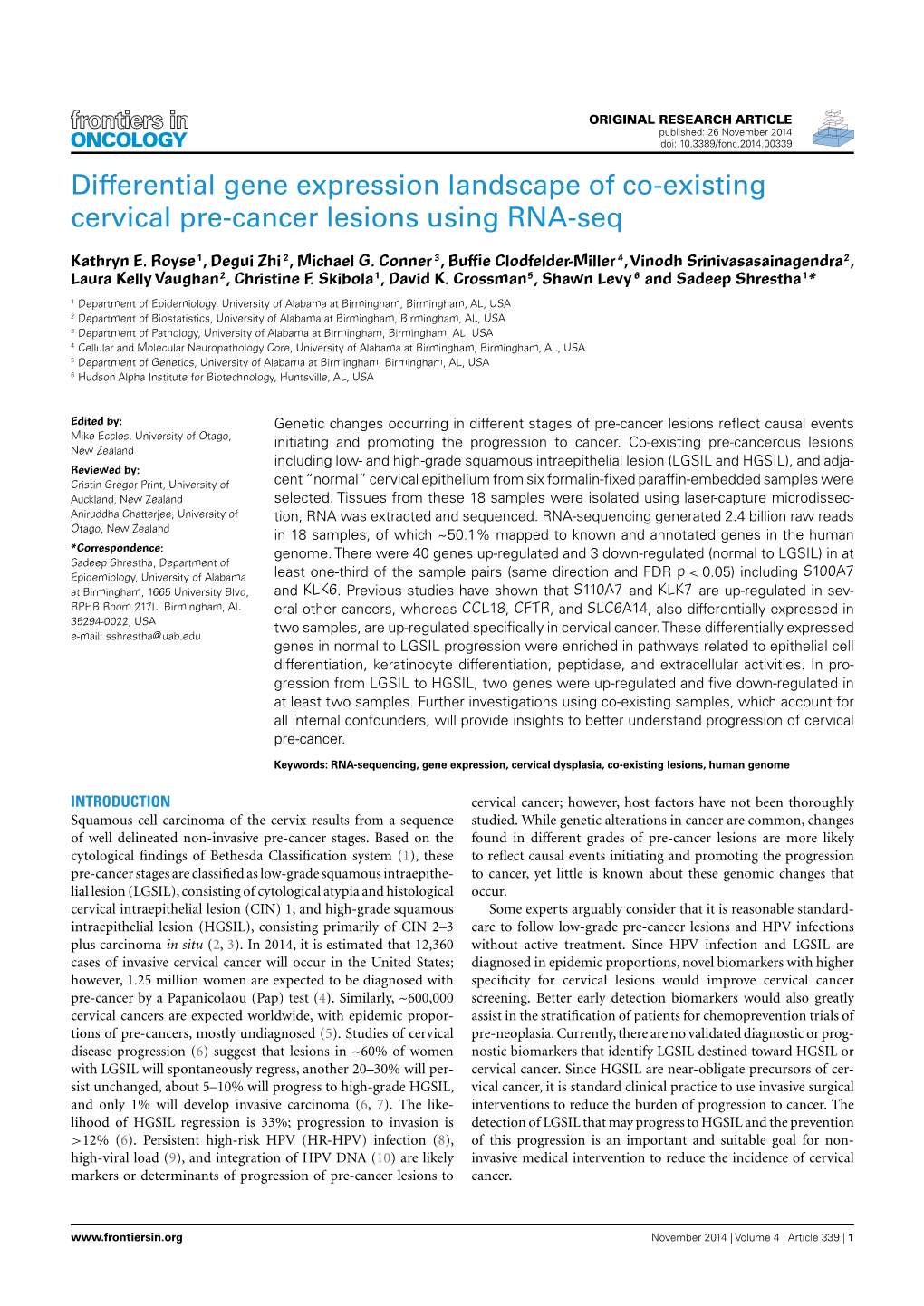 Differential Gene Expression Landscape of Co-Existing Cervical Pre-Cancer Lesions Using RNA-Seq