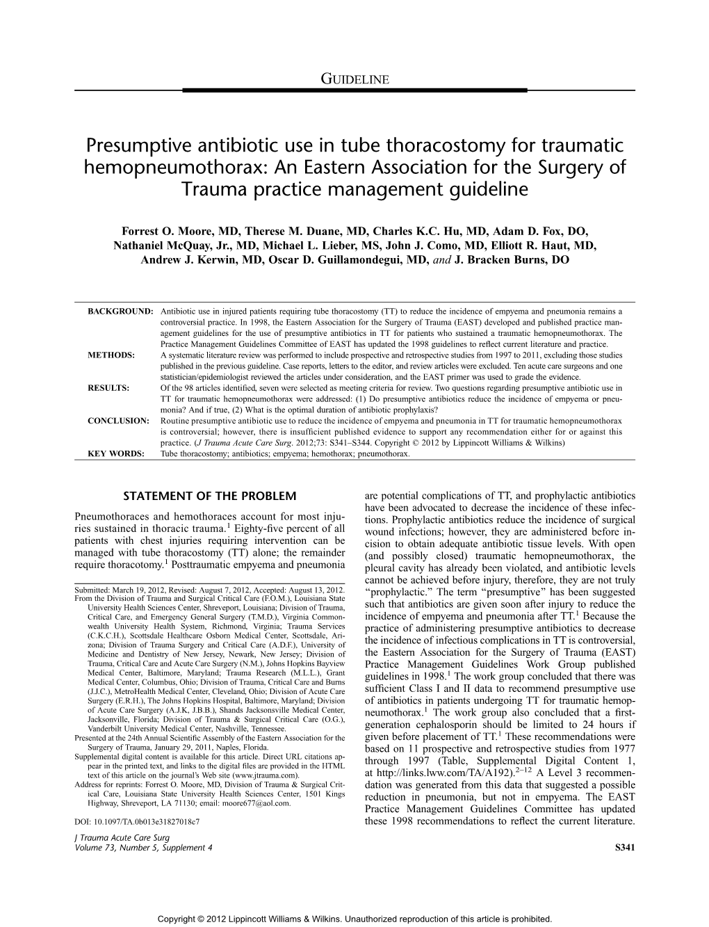 Presumptive Antibiotic Use in Tube Thoracostomy for Traumatic Hemopneumothorax: an Eastern Association for the Surgery of Trauma Practice Management Guideline