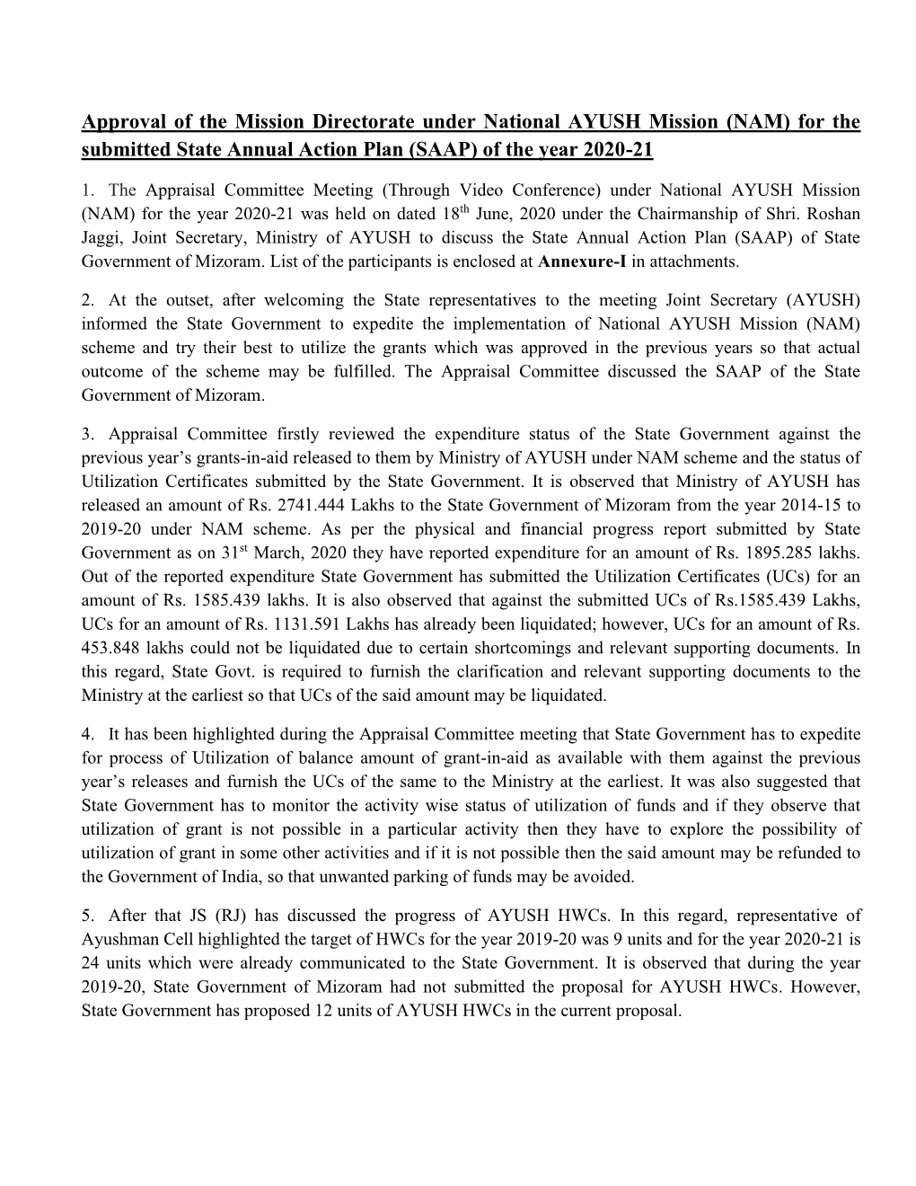 Approval of the Mission Directorate Under National AYUSH Mission (NAM) for the Submitted State Annual Action Plan (SAAP) of the Year 2020-21