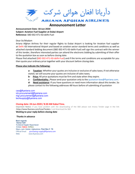 Announcement Letter Announcement Date: 18‐Jun‐2020 Subject: Aviation Fuel Supplier at Dubai Airport Reference: SBD 002‐471‐IGI‐Delhi‐Fuel