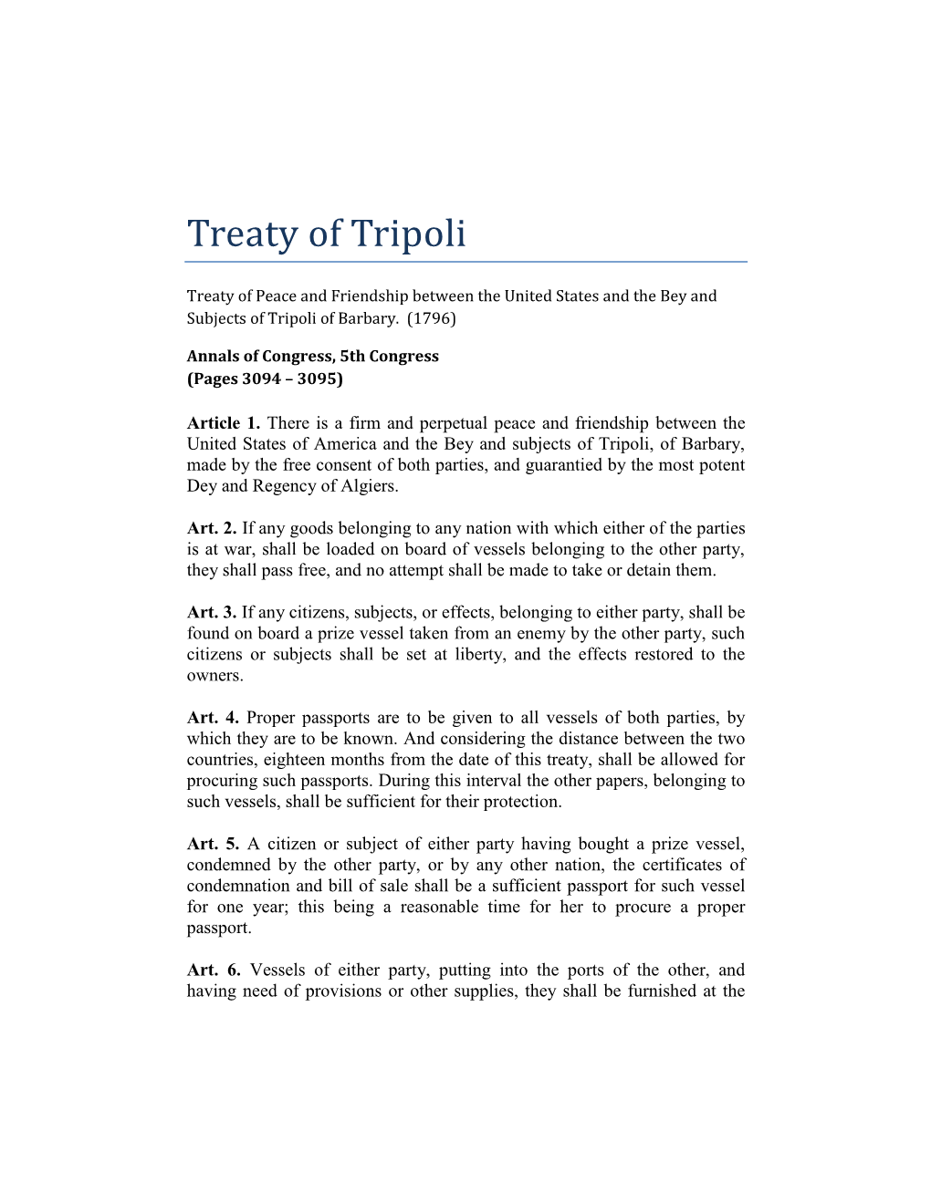 The Treaty of Tripoli