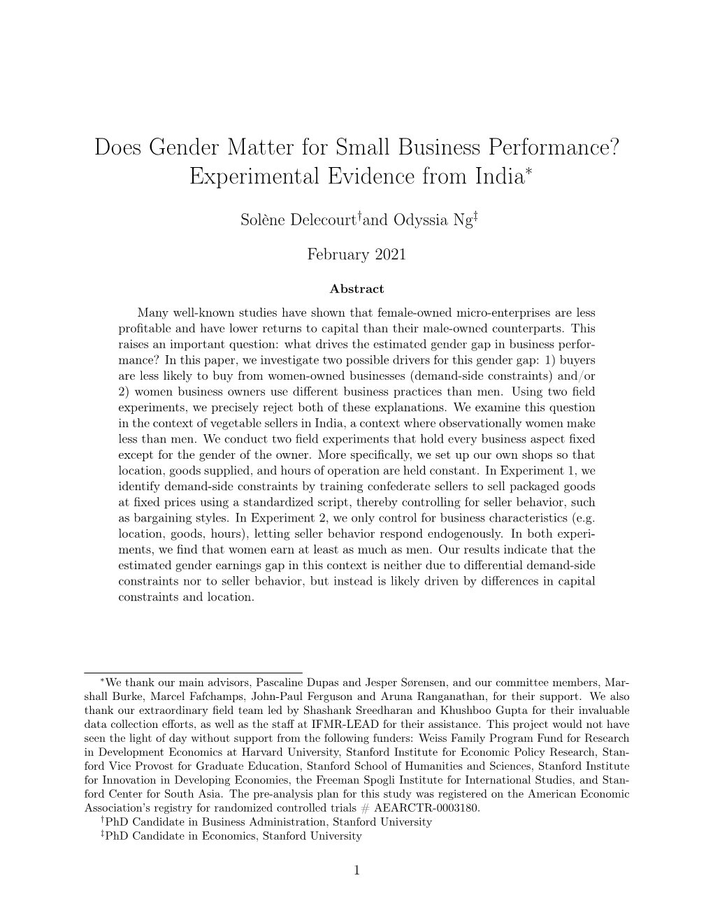 Does Gender Matter for Small Business Performance? Experimental Evidence from India∗