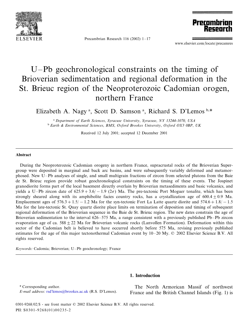 U–Pb Geochronological Constraints on the Timing of Brioverian Sedimentation and Regional Deformation in the St