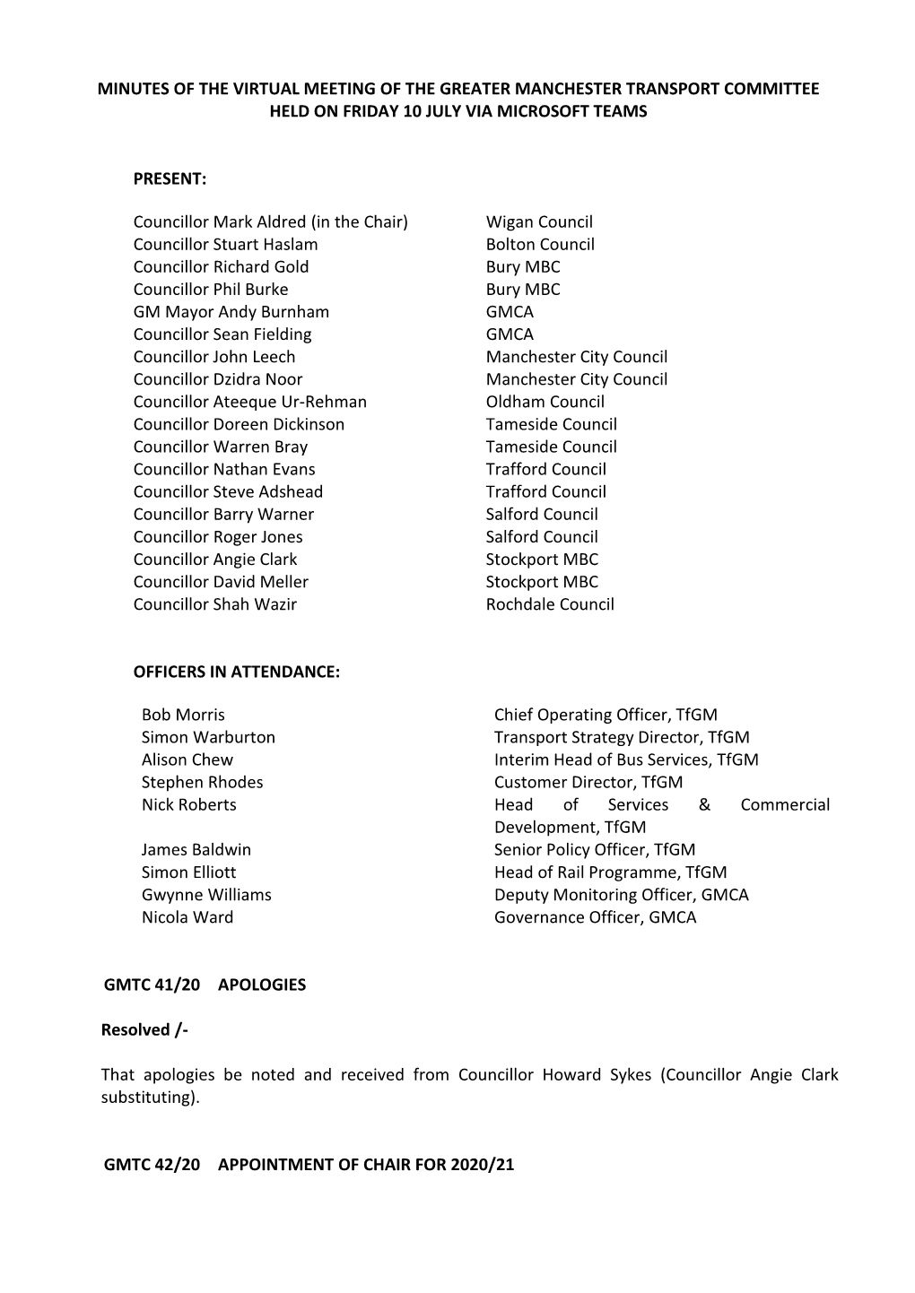 Gm Transport Committee Minutes Held 10 July 2020