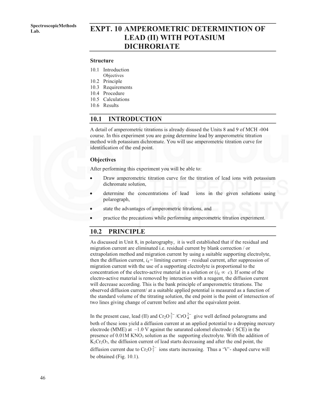 Expt. 10 Amperometric Determintion of Lead (Ii) with Potasium Dichroriate