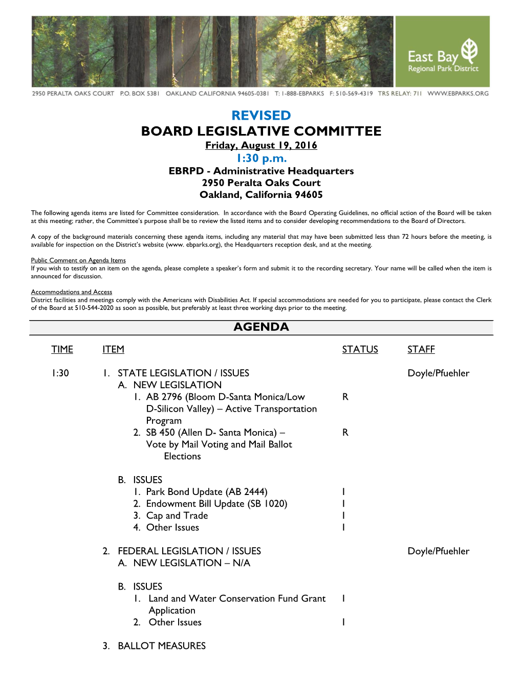 REVISED BOARD LEGISLATIVE COMMITTEE Friday, August 19, 2016 1:30 P.M