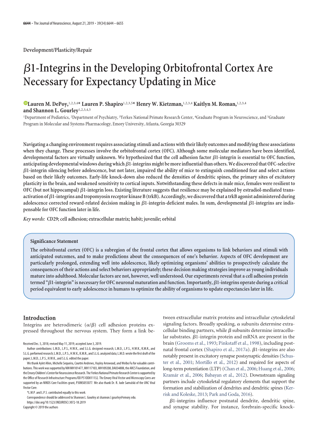 Β1-Integrins in the Developing Orbitofrontal Cortex Are Necessary