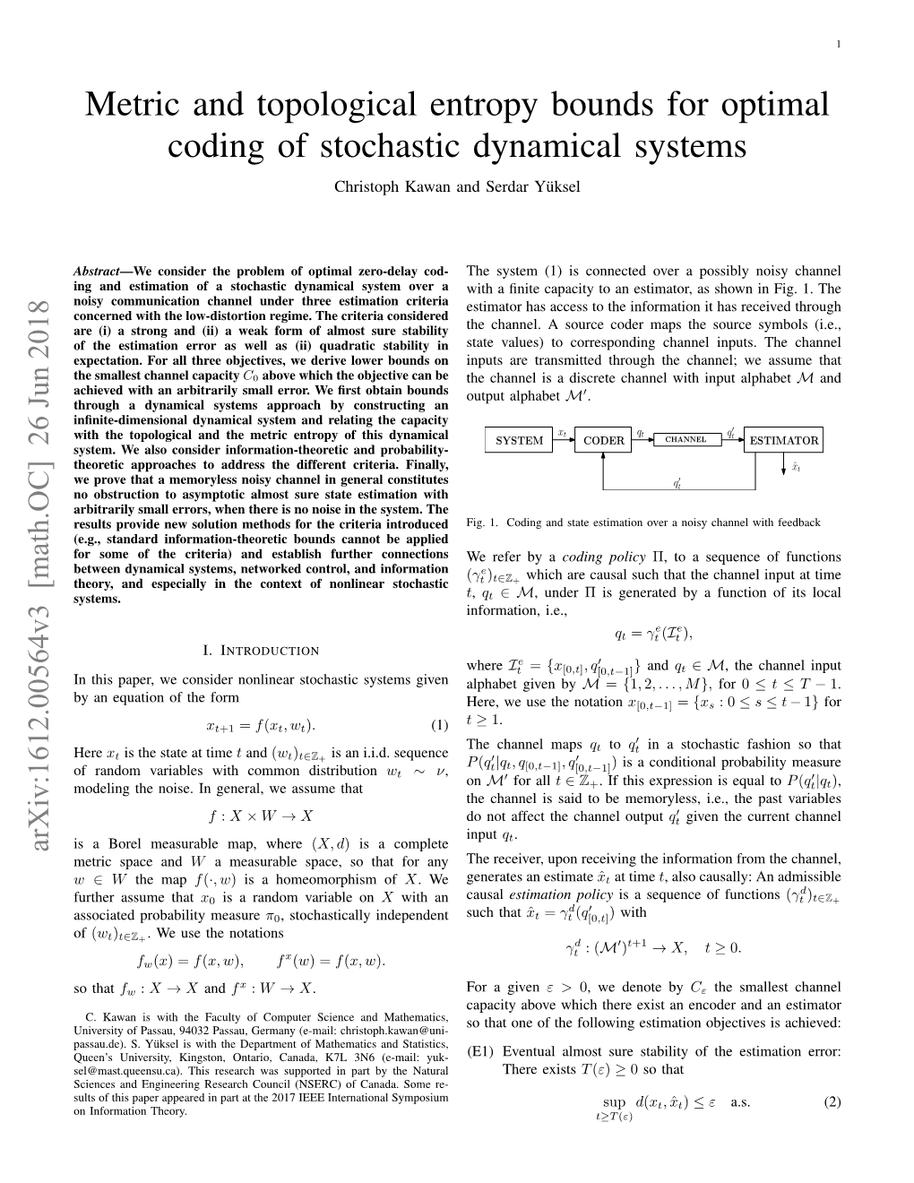 Metric and Topological Entropy Bounds for Optimal Coding of Stochastic Dynamical Systems Christoph Kawan and Serdar Yuksel¨
