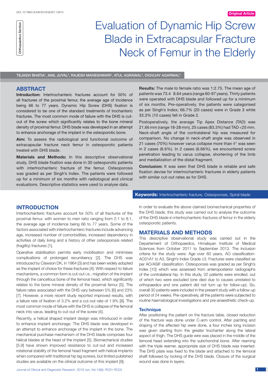 Evaluation of Dynamic Hip Screw Blade in Extracapsular Fracture Neck of Femur in the Elderly