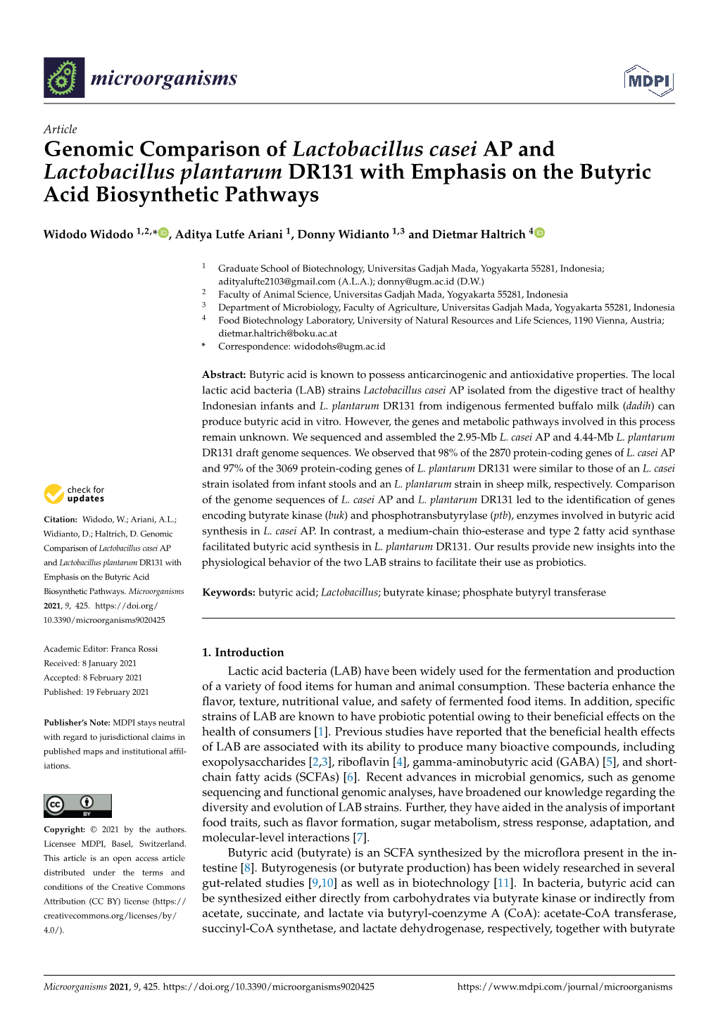 Genomic Comparison of Lactobacillus Casei AP and Lactobacillus Plantarum DR131 with Emphasis on the Butyric Acid Biosynthetic Pathways