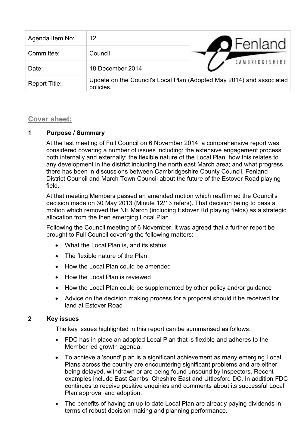 Fenland District Council and March Town Council About the Future of the Estover Road Playing Field