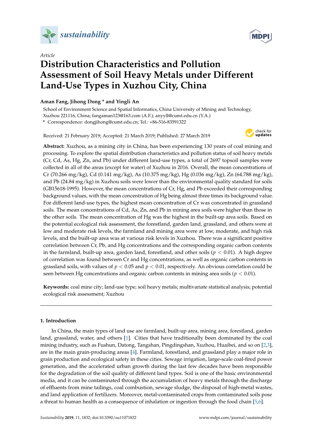 Distribution Characteristics and Pollution Assessment of Soil Heavy Metals Under Different Land-Use Types in Xuzhou City, China