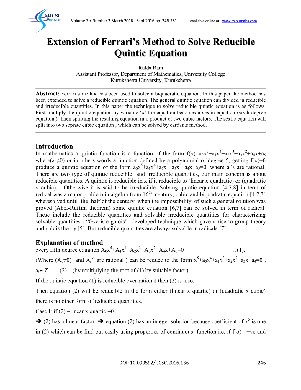 Extension of Ferrari's Method to Solve Reducible Quintic Equation