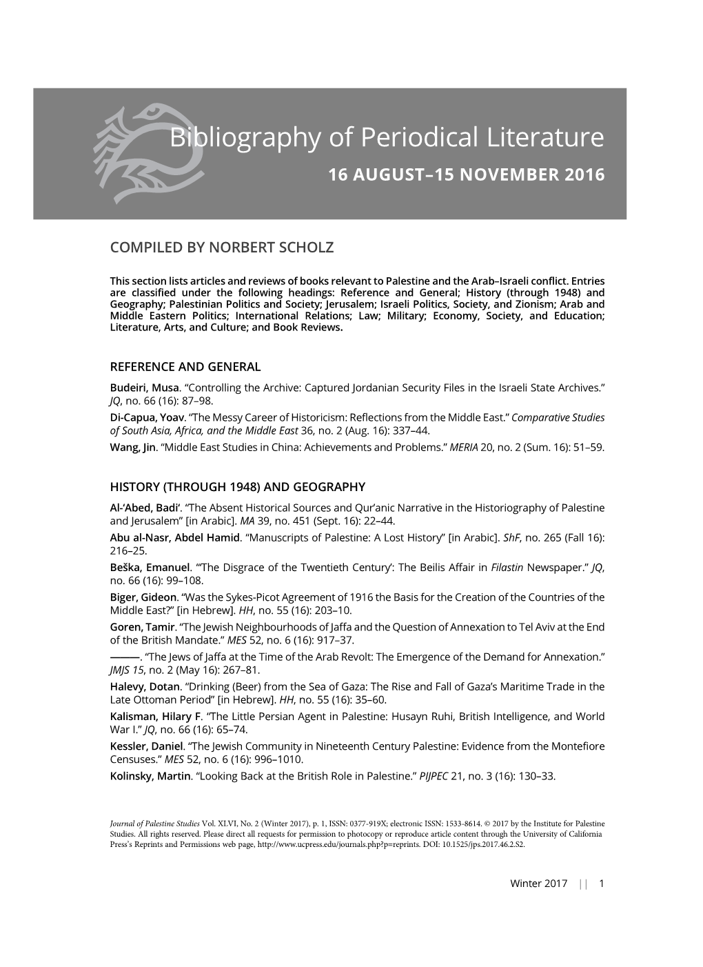 Bibliography of Periodical Literature 16 AUGUST–15 NOVEMBER 2016