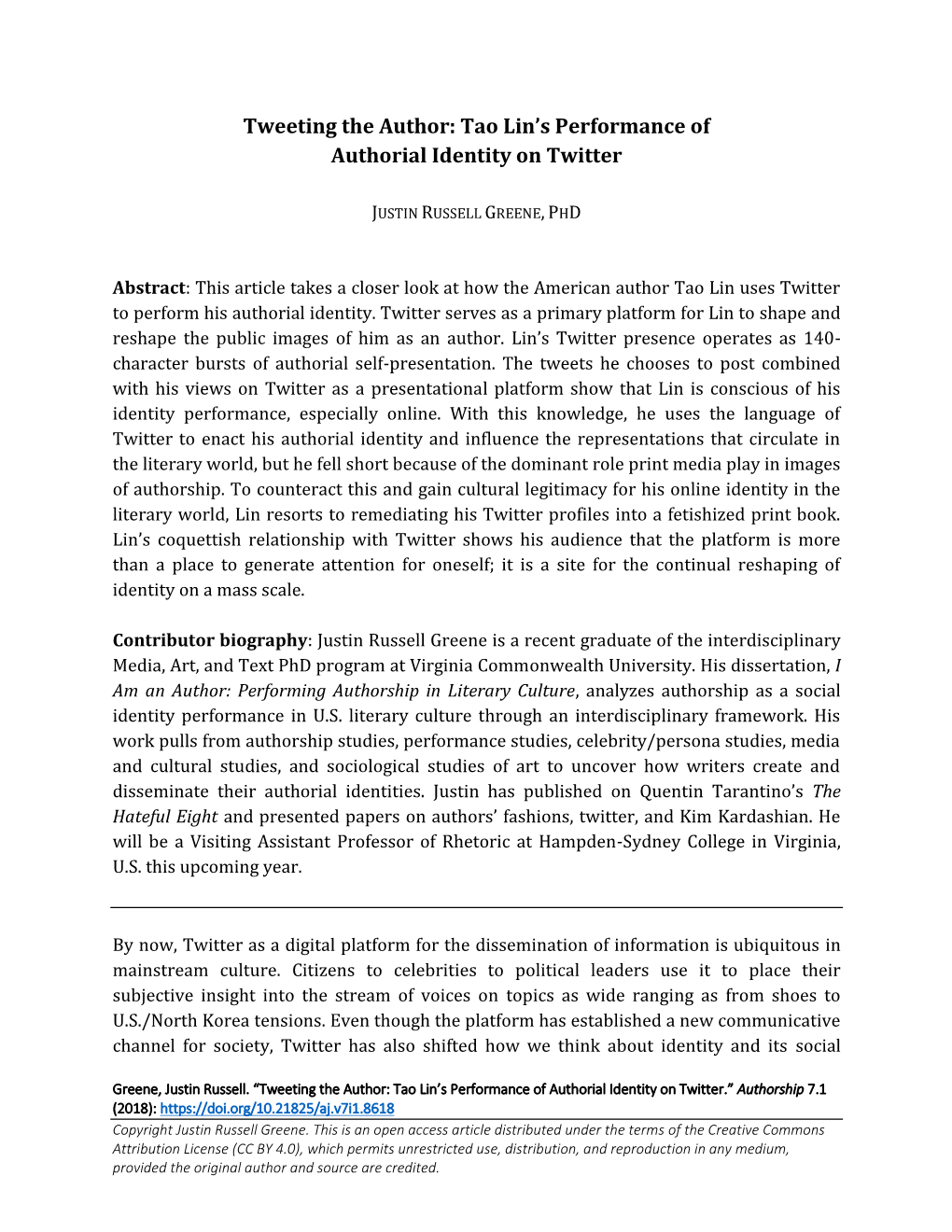 Tweeting the Author: Tao Lin's Performance of Authorial Identity On