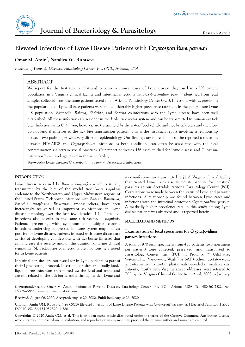 Elevated Infections of Lyme Disease Patients with Cryptosporidium Parvum