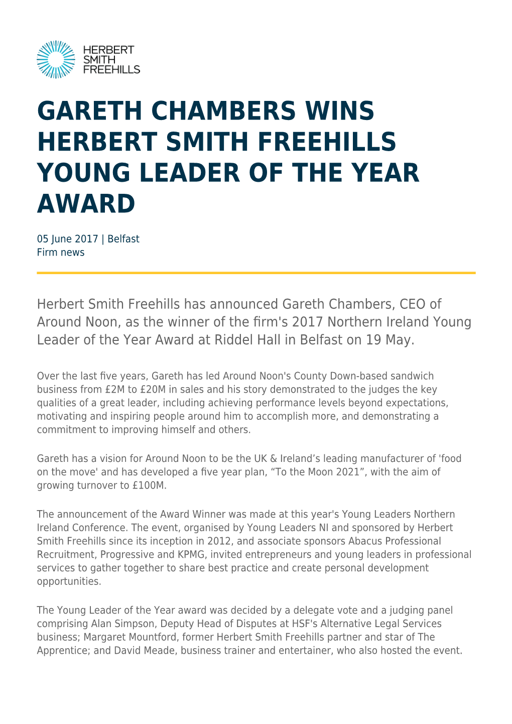 Gareth Chambers Wins Herbert Smith Freehills Young Leader of the Year Award