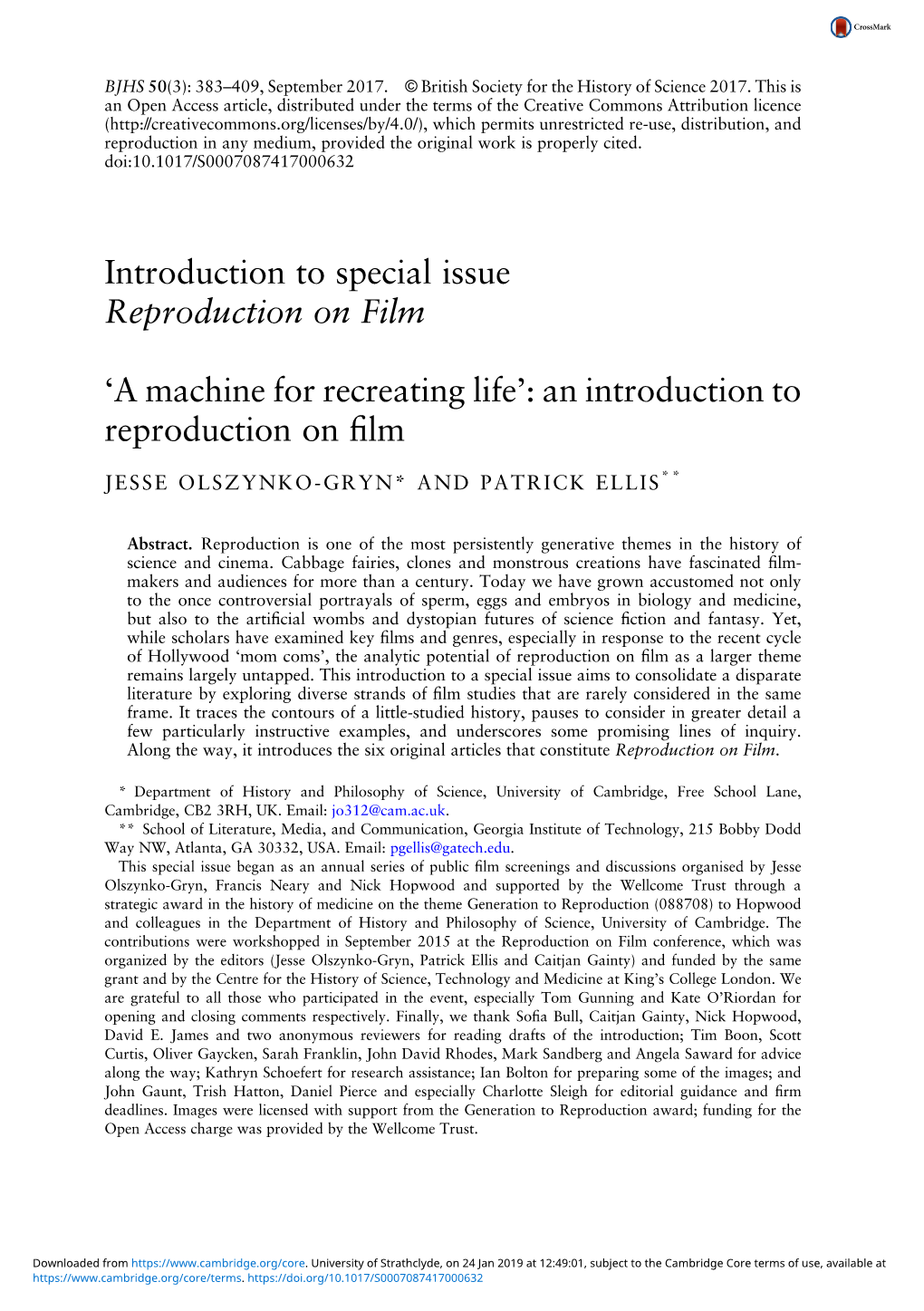 Introduction to Special Issue Reproduction on Film 'A Machine for Recreating Life'