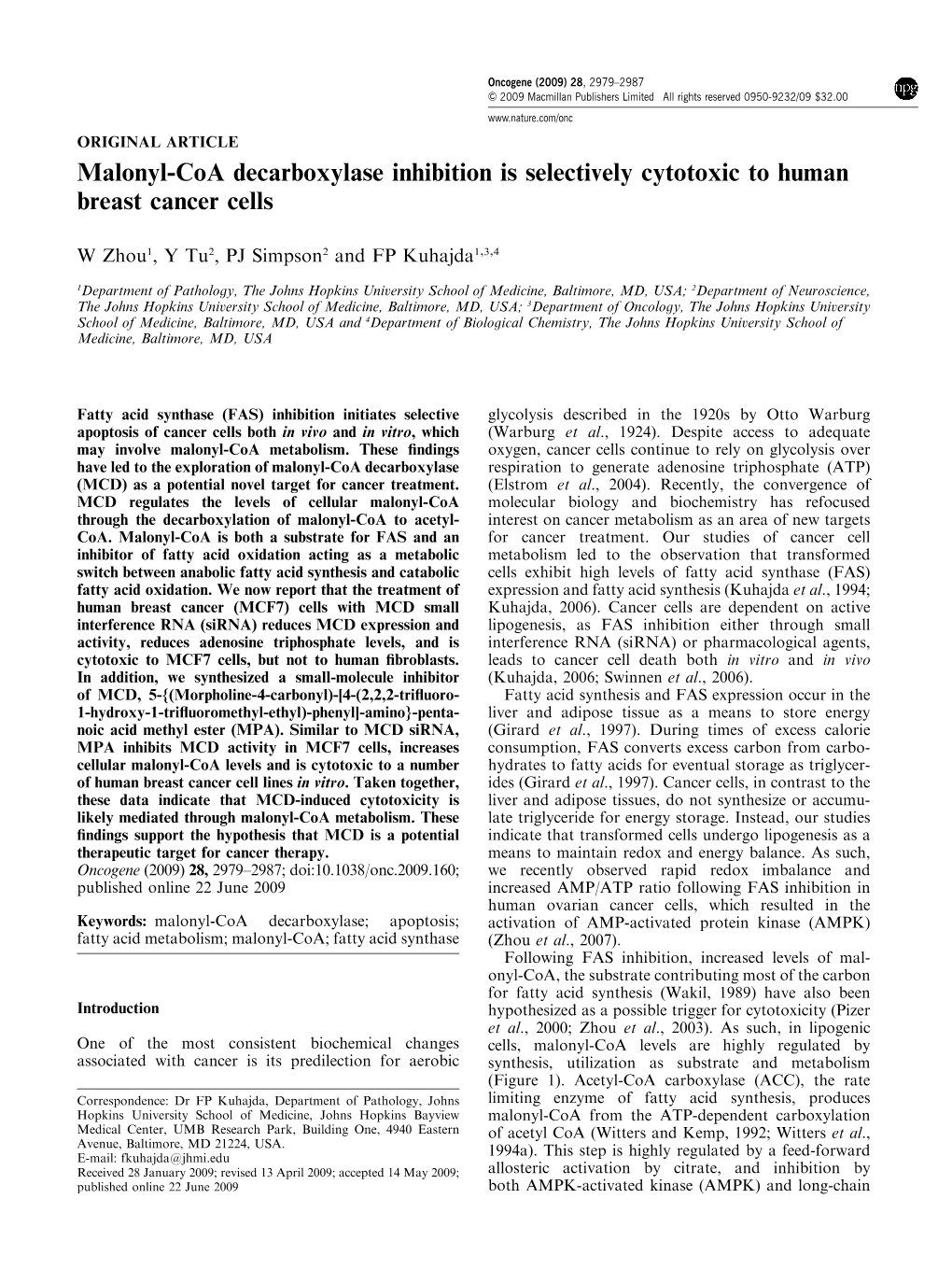 Malonyl-Coa Decarboxylase Inhibition Is Selectively Cytotoxic to Human Breast Cancer Cells