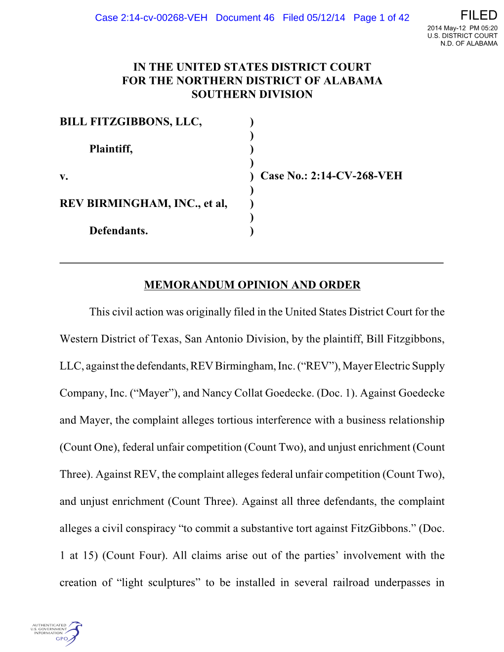 Filed 05/12/14 Page 1 of 42 FILED 2014 May-12 PM 05:20 U.S