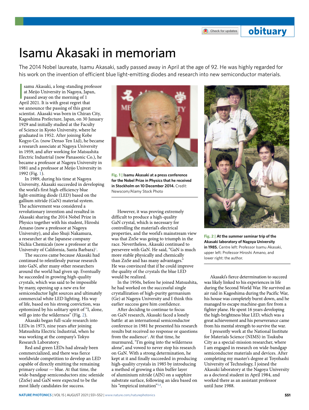Isamu Akasaki in Memoriam the 2014 Nobel Laureate, Isamu Akasaki, Sadly Passed Away in April at the Age of 92