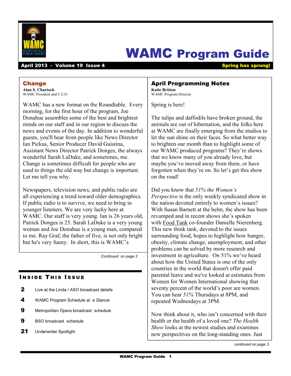 WAMC Program Guide April 2013 - Volume 19 Issue 4 Spring Has Sprung!