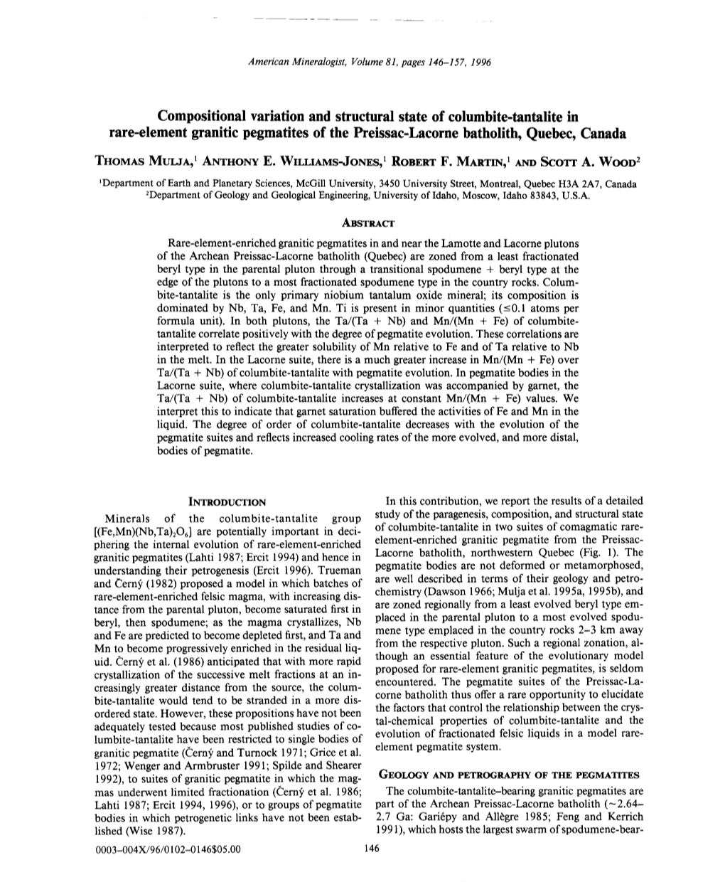 Compositional Variation and Structural State of Columbite-Tantalite in Rare-Element Granitic Pegmatites of the Preissac-Lacorne Batholith, Quebec, Canada