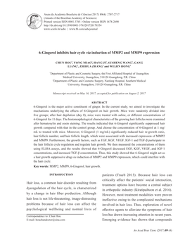 6-Gingerol Inhibits Hair Cycle Via Induction of MMP2 and MMP9 Expression