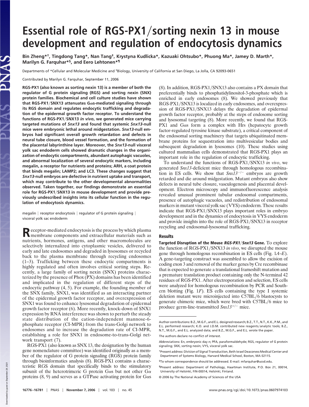 Essential Role of RGS-PX1 Sorting Nexin 13 in Mouse Development and Regulation of Endocytosis Dynamics