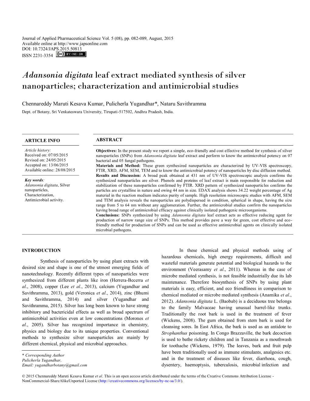 Adansonia Digitata Leaf Extract Mediated Synthesis of Silver Nanoparticles; Characterization and Antimicrobial Studies