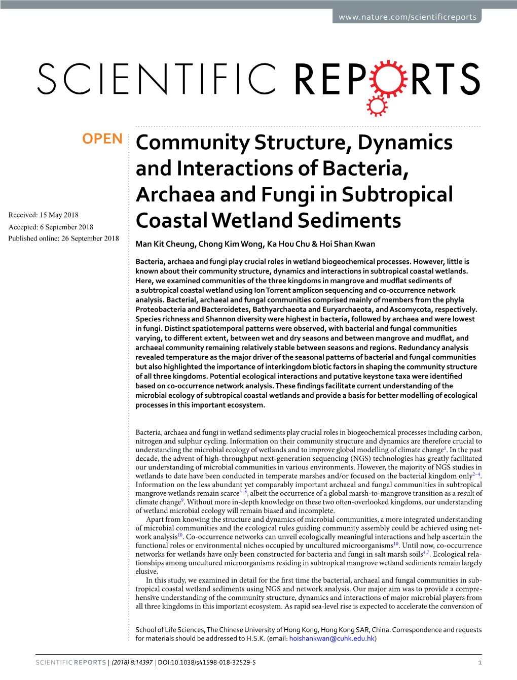 Community Structure, Dynamics and Interactions of Bacteria, Archaea and Fungi in Subtropical Coastal Wetland Sediments