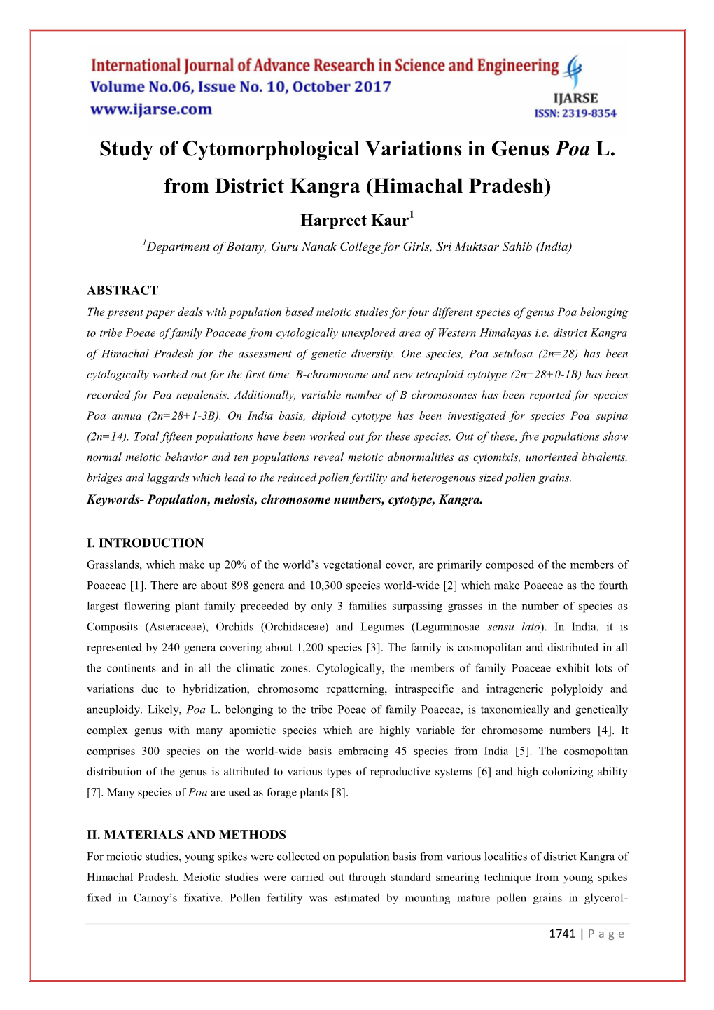 Study of Cytomorphological Variations in Genus Poa L. from District Kangra