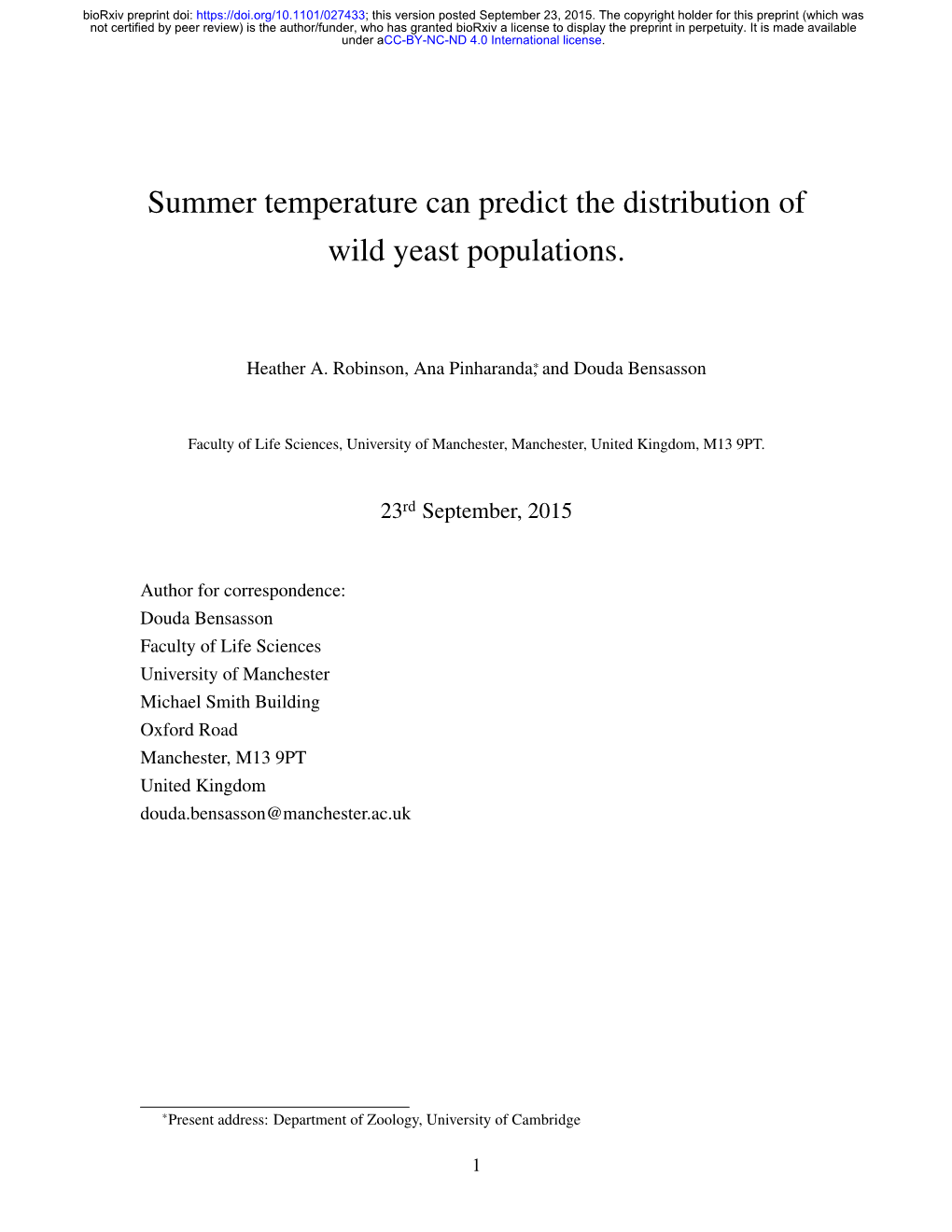 Summer Temperature Can Predict the Distribution of Wild Yeast Populations