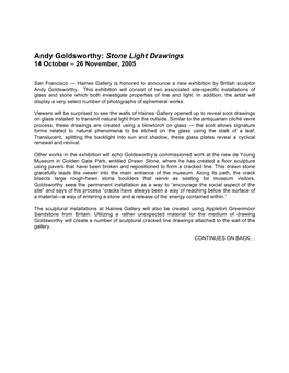 Andy Goldsworthy: Stone Light Drawings 14 October – 26 November, 2005