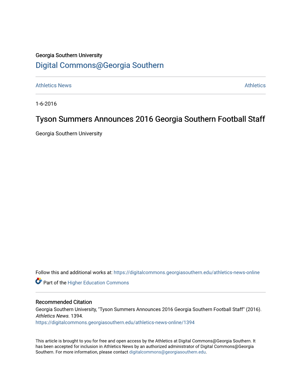 Tyson Summers Announces 2016 Georgia Southern Football Staff