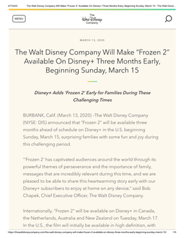 The Walt Disney Company Will Make “Frozen 2” Available on Disney+ Three Months Early, Beginning Sunday, March 15 - the Walt Disne… MENU  