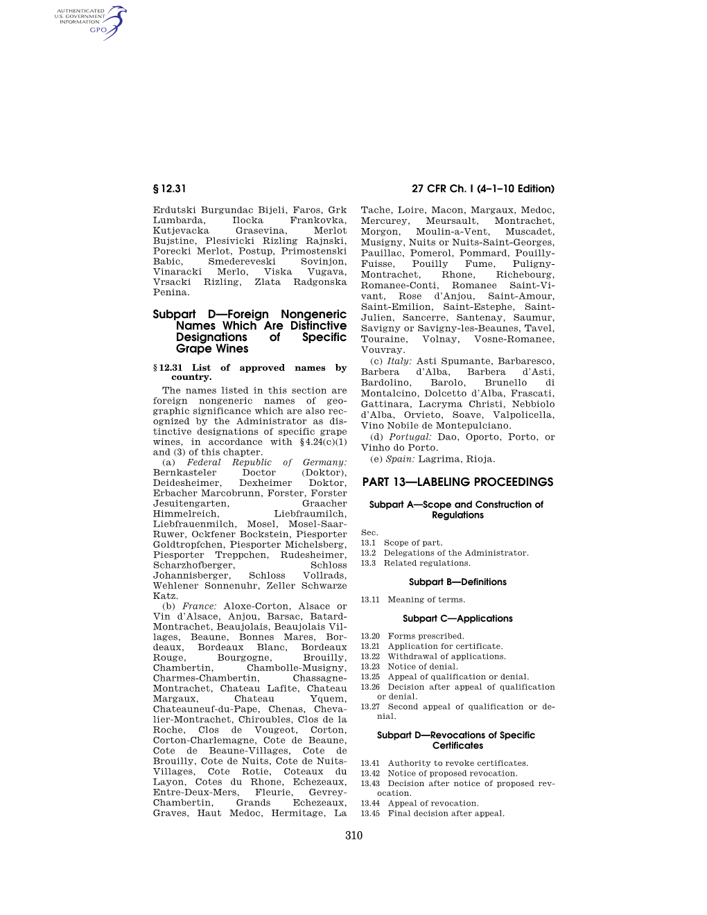 310 Subpart D—Foreign Nongeneric Names Which Are Distinctive