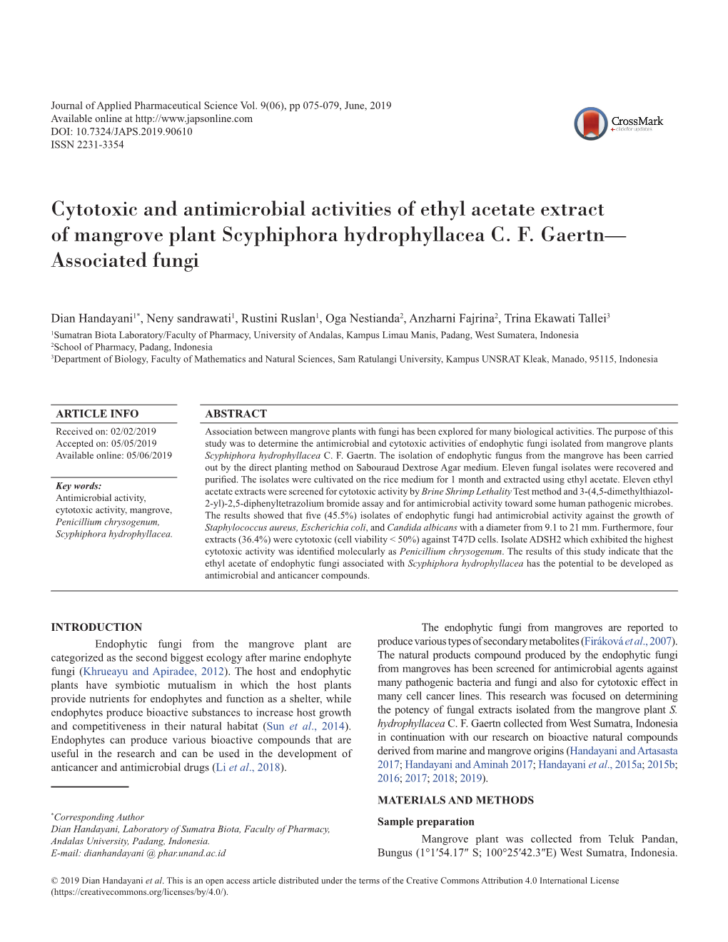 Cytotoxic and Antimicrobial Activities of Ethyl Acetate Extract of Mangrove Plant Scyphiphora Hydrophyllacea C