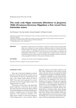 The Mole Crab Hippa Marmorata (Hombron Et Jacquinot, 1846) (Crustacea Anomura Hippidae): a First Record from Indonesian Waters