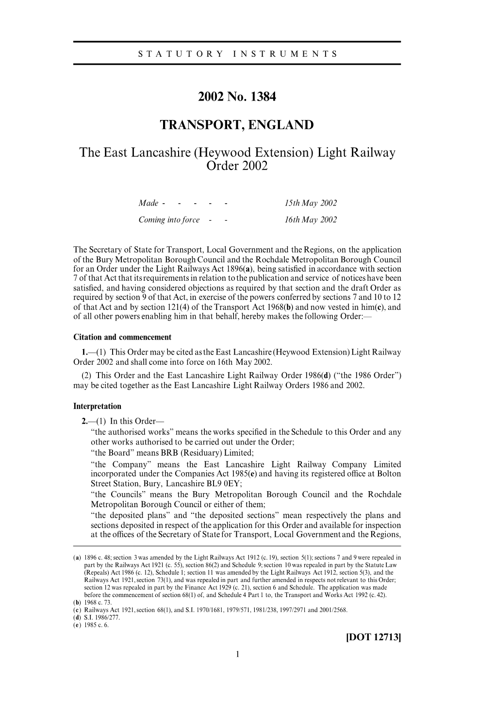 2002 No. 1384 TRANSPORT, ENGLAND the East Lancashire