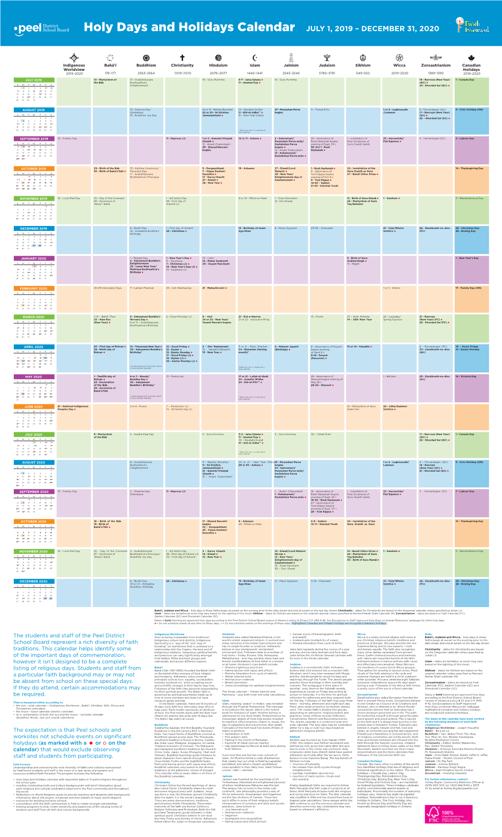 Holy Days and Holidays Calendar JULY 1, 2019 – DECEMBER 31, 2020