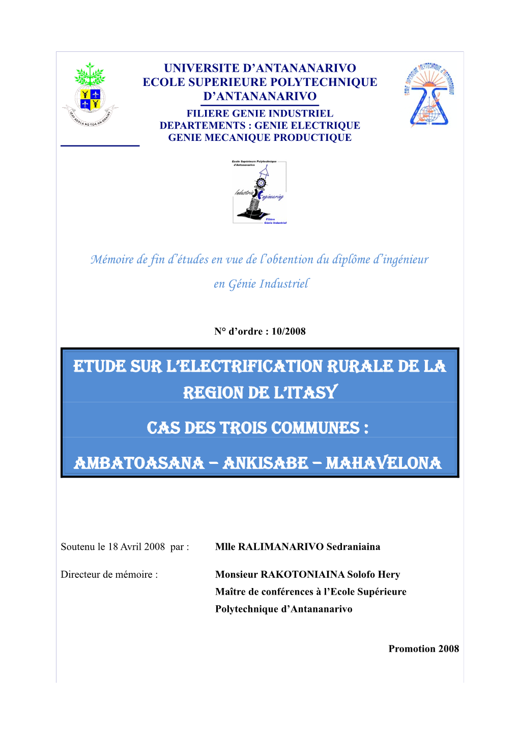 Etude Sur L'electrification Rurale De La Region De L